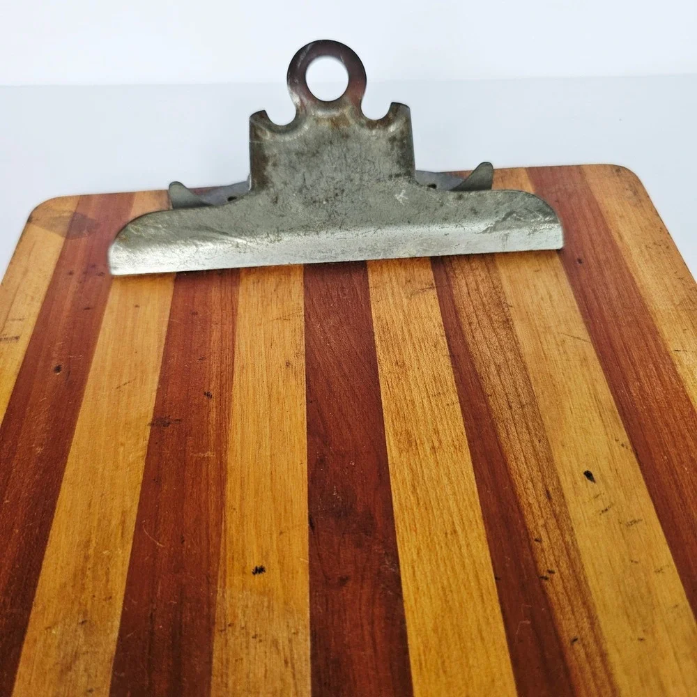 Vintage Wooden Clipboard Vertical Striped Pattern Industrial Metal Clip Rustic